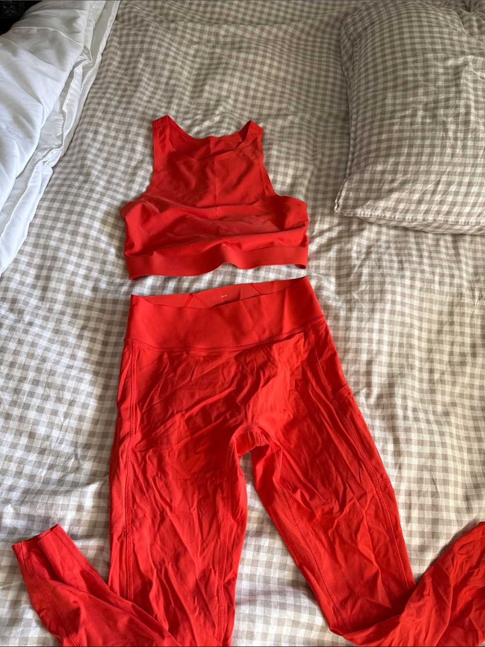 Women's Red High-Waist Leggings & Supportive Crop Tank Set